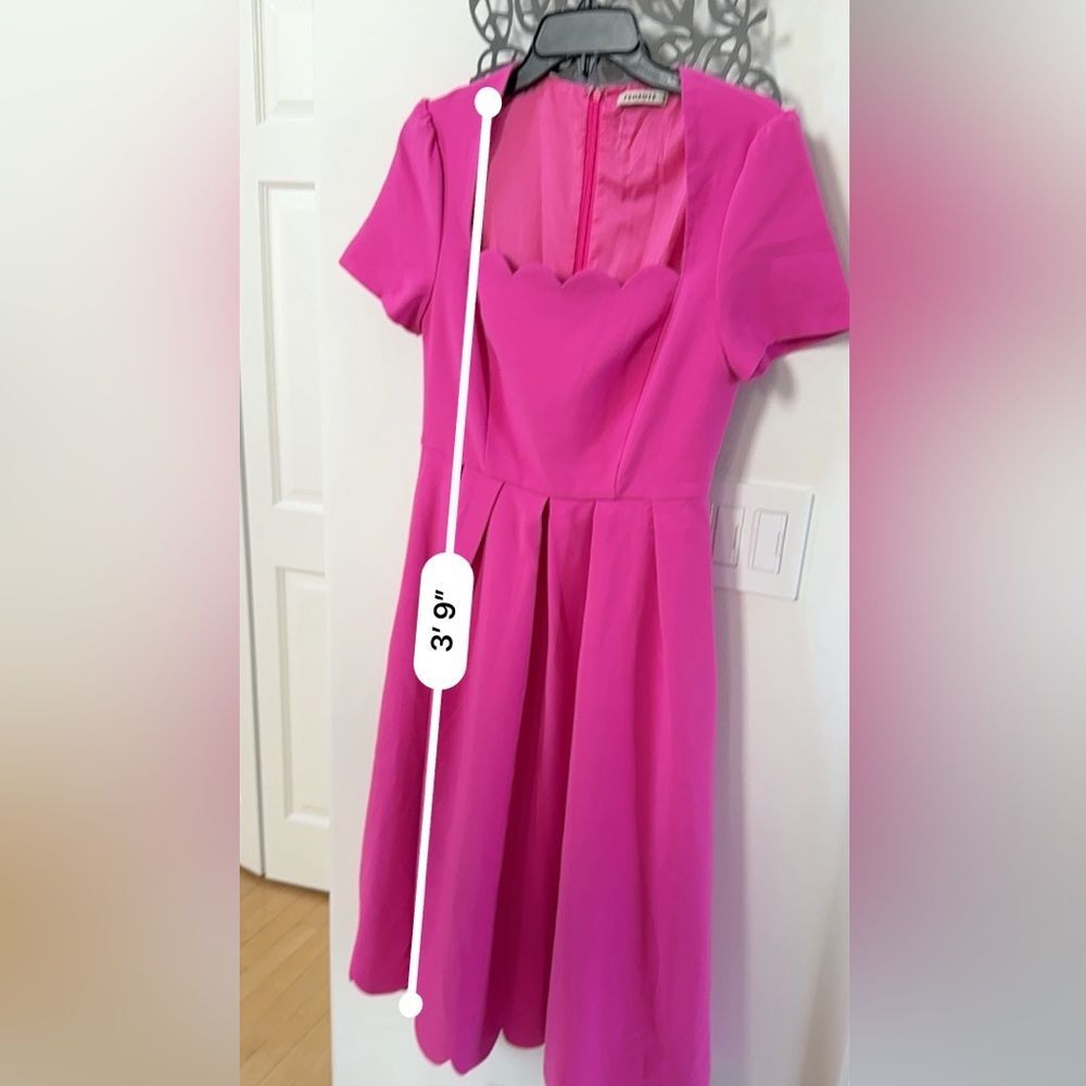 Fehaute Scalloped Square Neck Short Sleeve A-Line Midi Dress in Rose Red 4 NWOT - Picture 6 of 15